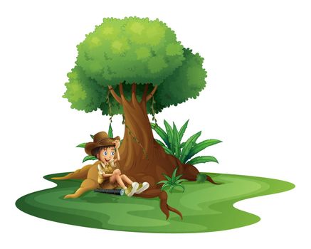 Illustration of a boy resting under the tree on a white background