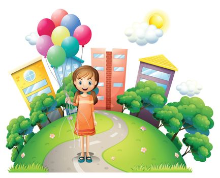 Illustration of a young lady in the middle of the road with balloons on a white background