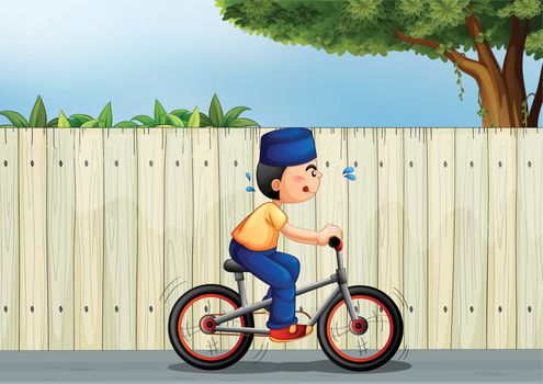 Illustration of a tired boy biking