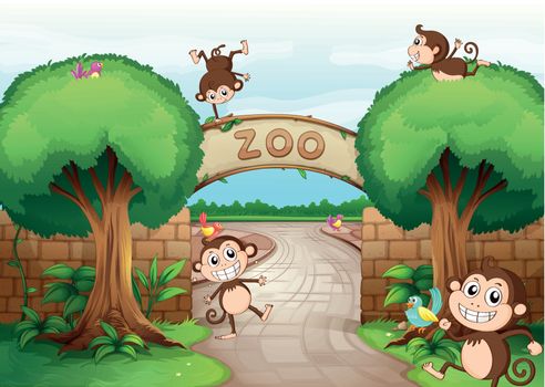 Illustration of monkeys in zoo and a green nature