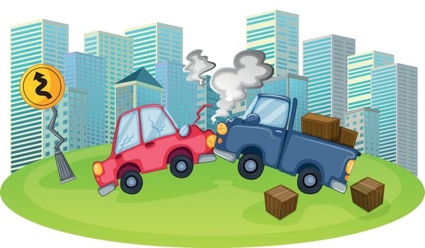 Illustration of a car accident in front of the high buildings on a white background