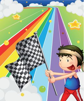 Illustration of a boy holding a racing flag in the racing field
