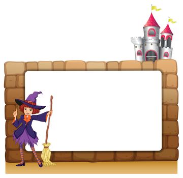 Illustration of a witch with a broomstick in front of an empty template on a white background