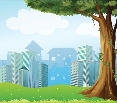 Illustration of a giant tree with vine plants across the high buildings