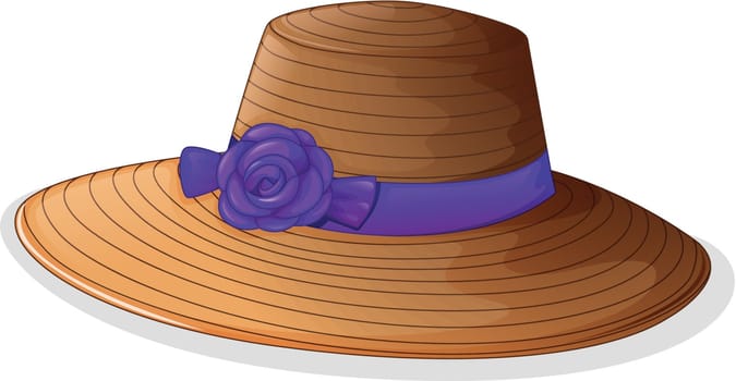Illustration of a brown hat with a violet ribbon on a white background