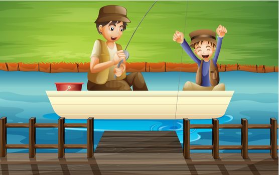 Illustration of kids catching fish in a boat
