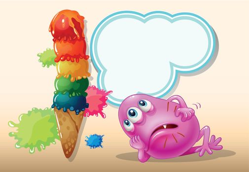 Illustration of a dying pink beanie monster near the icecream