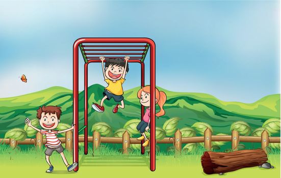 Illustration of kids playing monkey bar and a dry wood