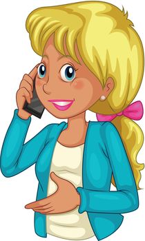 Illustration of a businesswoman using a cellphone on a white background