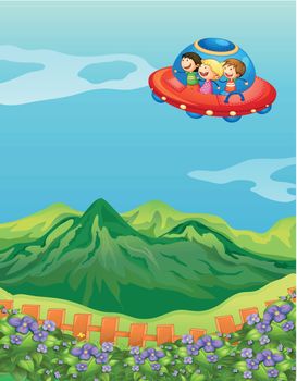 Illustration of kids and a saucer ship in a beautiful nature