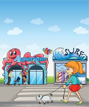 Illustration of a young lady and her pet walking in the street