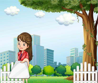 Illustration of a woman using her gadget in front of the buildings