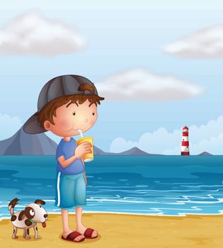 Illustration of a boy and his pet at the beach