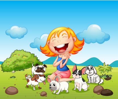 Illustration of a happy lady with her pets