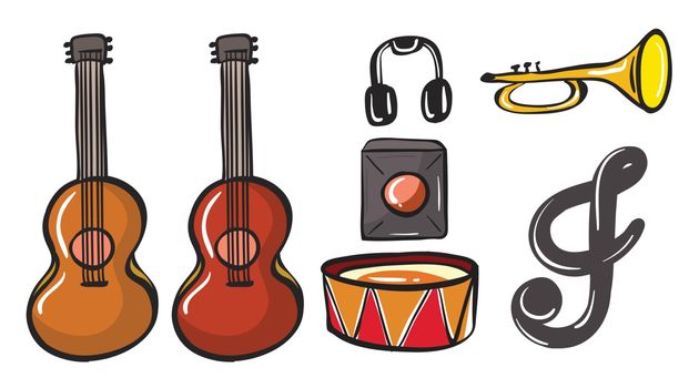 Illustration of various musical instruments on a white background