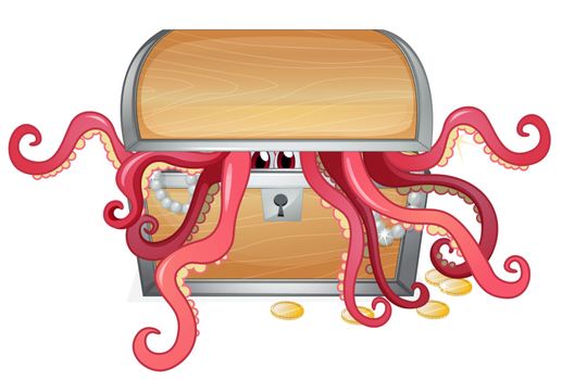 Illustration of a treasure box with an octopus inside on a white background