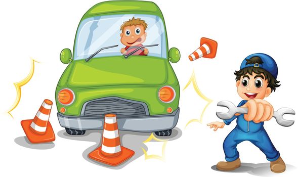 Illustration of a car accident and a mechanic on a white background