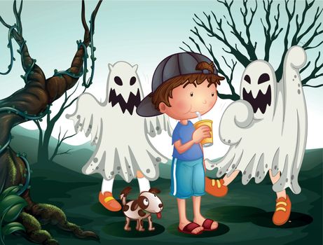 Illustration of a boy and his pet at the graveyard with ghosts