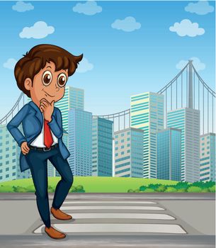 Illustration of a good-looking businessman at the pedestrian lane across the tall buildings
