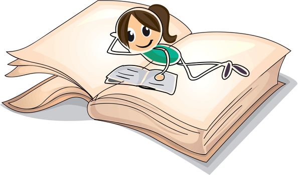 Illustration of a big book with a young girl reading on a white background