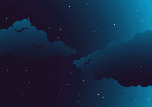 Illustration of a peaceful night with clouds, stars, sky and birds