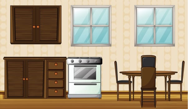 Illustration of wooden furniture and windows in a house