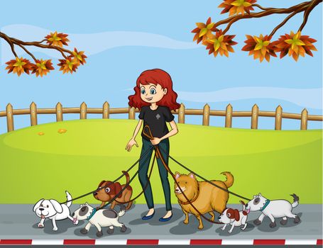 Illustration of a lady at the park strolling with her pets