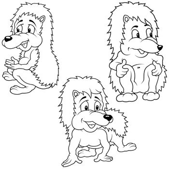 Sitting Hedgehog Collection - Black and White Cartoon Illustration, Vector