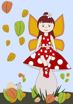 Little fairy in red dress on a fly agaric