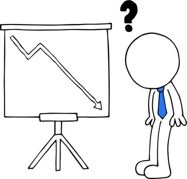 Hand drawn cartoon blank face businessman with question mark and standing sales chart arrow going down symbolizing loss.