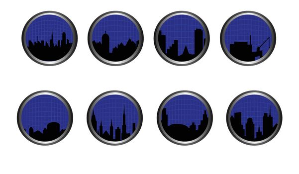 Set of buttons placed in metallic silver. Subject is city skylines with grid overlay.