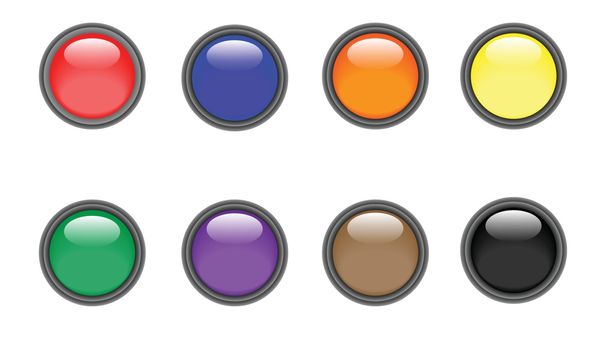 Circular buttons with glass effect. They are set in a dark gray base. All elements are separate.
