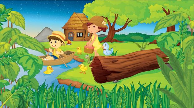 Illustration of 2 children camping in the woods