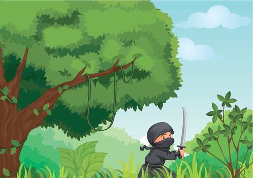 Illustration of a ninja in a forest