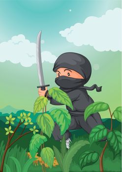 Illustration of a ninja in black