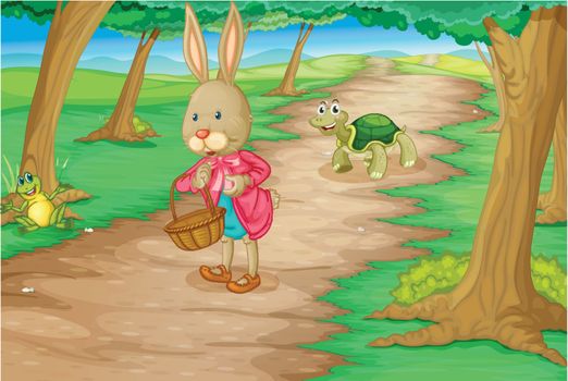 Illustration of rabbit and animals in the woods
