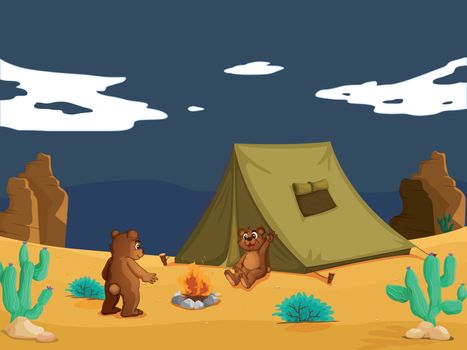 Two bears camping in desert