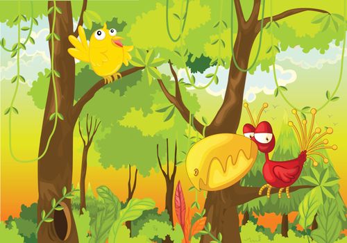 Illustration of 2 birds in the jungle