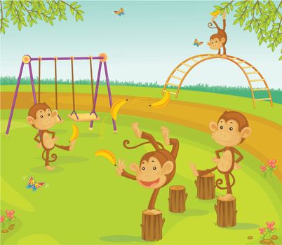 Monkeys in a playground with bananas