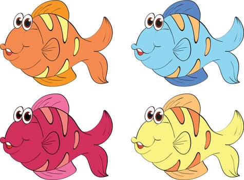 Four fish in different colours