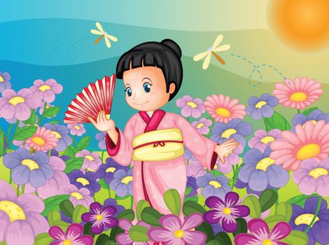 Illustration of Japanese kid in field