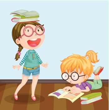 Illustration of girls studying