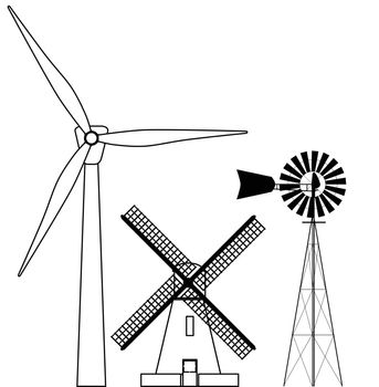 A collection of three typical windmills isolated over a white background