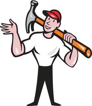 Illustration of a carpenter builder construction worker with hammer looking to side set inside circle done in cartoon style.