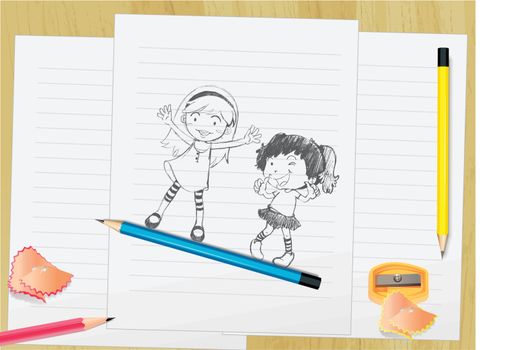 Illustration of kid on paper with pencils