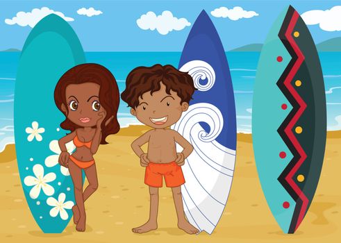 illustration of a boy and girl with surf pad on a sea shore