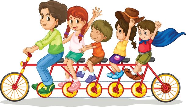 Family teamwork on a multiple seat bike