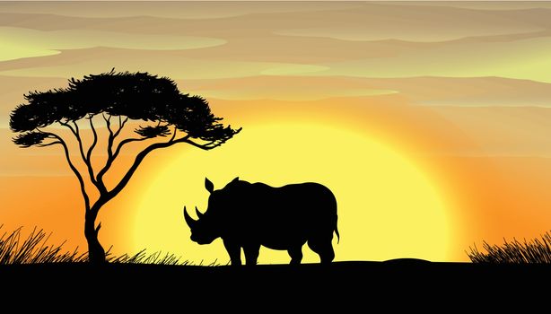 illustration of a Rhinoceros standing under a tree