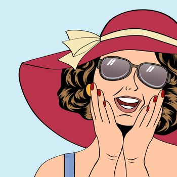 popart retro woman with sun hat in comics style, vector summer illustration