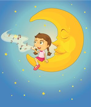 illustration of a girl and moon in night sky
